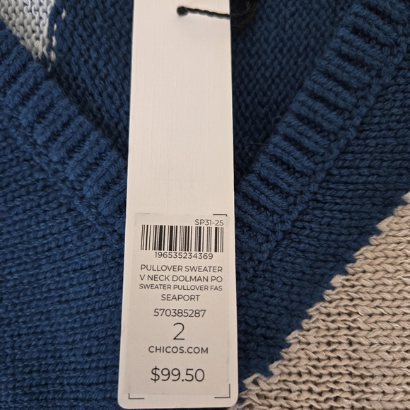 Chico's Women Sz 2 V-neck Dolman Sleeve "Seaport Multicolor Pullover Sweater - Picture 3 of 9